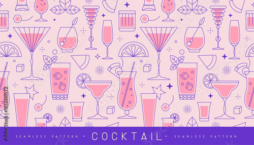 Holiday line art seamless pattern with cocktails, fruits, and champagne glasses. Restaurant menu design. Cocktail background. Vector illustration