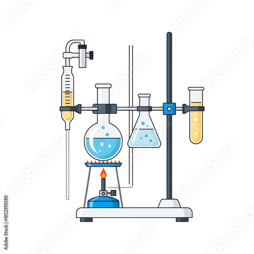 Laboratory glassware setup with heating device and chemical reactions illustration