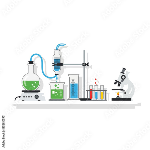 Modern Laboratory Equipment Setup with Glassware and Analytical Instruments for Scientific
