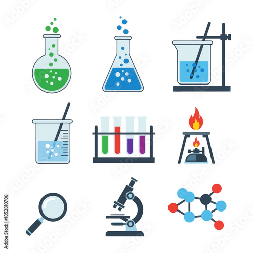 scientific laboratory equipment and chemical experiments with beakers test tubes and microscope
