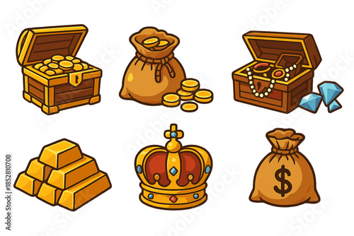 Treasure Chests, Gold Coins, Diamonds, Gold Bars, Crown, and Money Bag Icons