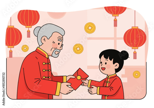 Illustration of an elderly man and a young girl in traditional red attire exchanging gifts on Valentine's Day with a festive background of lanterns and coins.