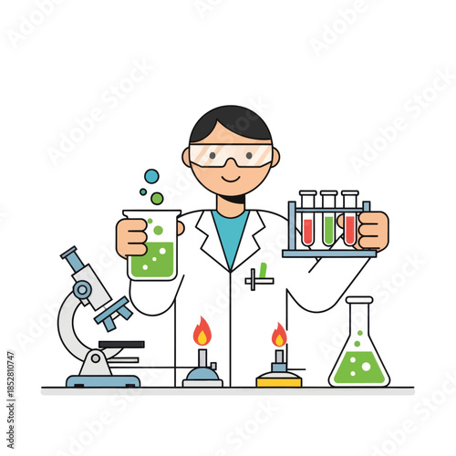 Young scientist conducting experiments in a well-equipped laboratory with test tubes and microscope