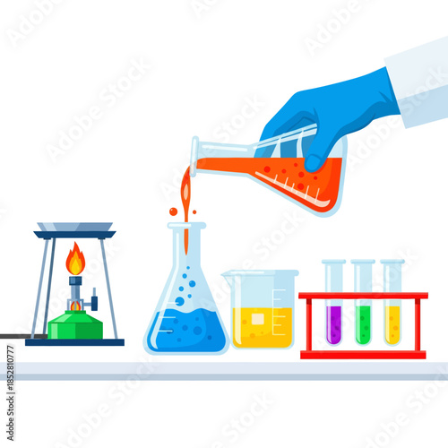 Scientific laboratory experiment with colorful test tubes and chemical reactions in progress