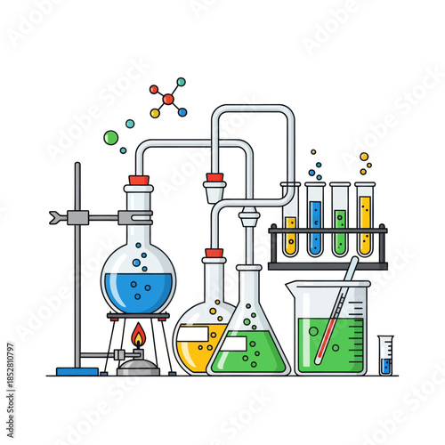 Innovative laboratory setup with interconnected glassware and colorful chemical reactions