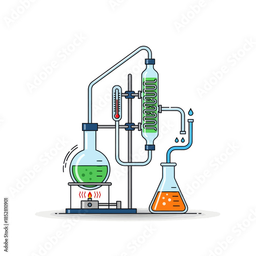 Illustration of a laboratory setup for chemical reactions and experiments with safety equipment