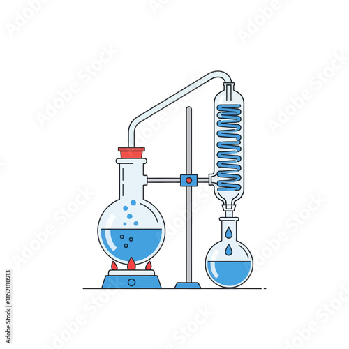Illustration of a classic chemistry laboratory glassware setup with a Bunsen burner and