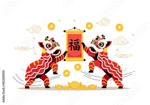 Illustration of two lion dancers holding a red banner with a Chinese character surrounded by gold coins and decorations on white background, conveying a festive and