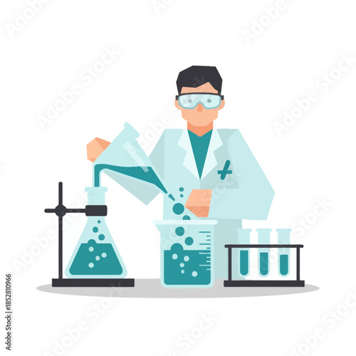 Illustration of a scientist conducting chemical experiments in a modern laboratory setting