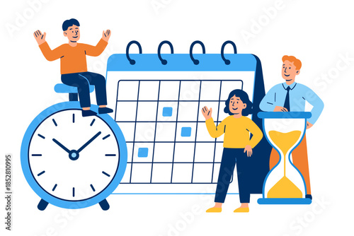 People with Calendar, Alarm Clock, and Hourglass