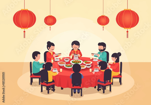 A loving couple shares a romantic valentine dinner with family and friends in a warm, red-toned setting with hanging lanterns.