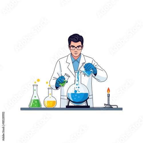 Innovative scientist conducting chemical experiments in a high-tech laboratory setting with safety