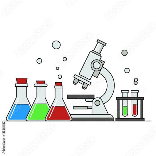 Simplified Illustration of Laboratory Equipment Featuring Test Tubes and a Microscope