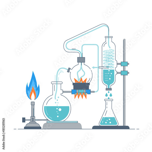 Complex laboratory glassware setup illustrating chemical reactions and distillation process in a