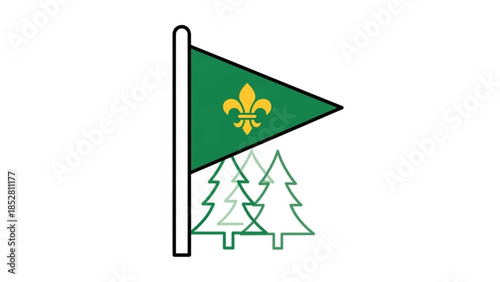 Fleur-de-lis Green Flag with Stylized Trees Icon Vector Isolated on White