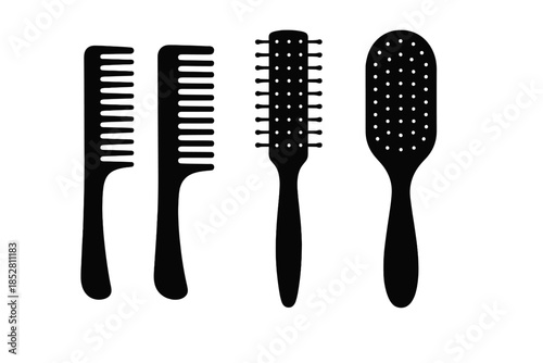 Collection of Black Hair Styling Brushes and Combs on a Grey Background