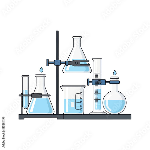 Modern laboratory glassware setup featuring beakers test tubes and measuring instruments for