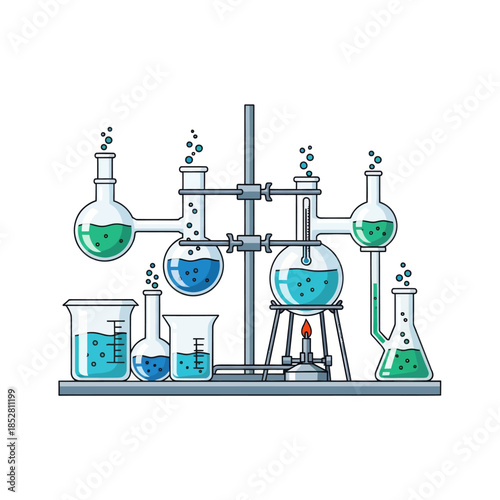 Intricate laboratory glassware setup with colorful chemicals and bubbling reactions depicting