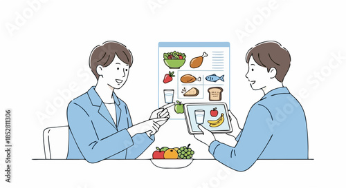 Two Men Discussing Healthy Food Choices at Table.