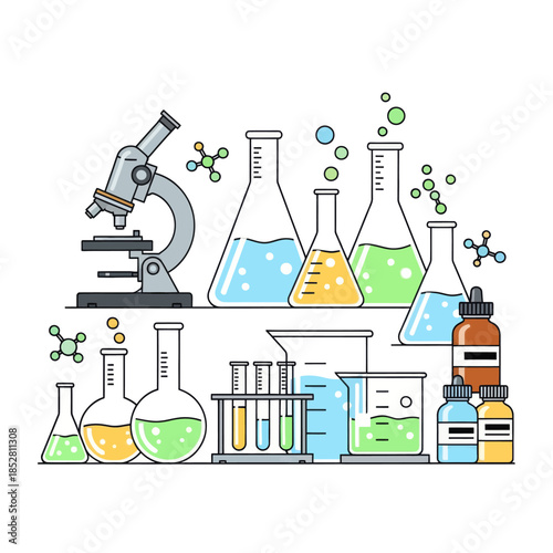 Illustration of scientific laboratory equipment with chemicals and molecules for research and