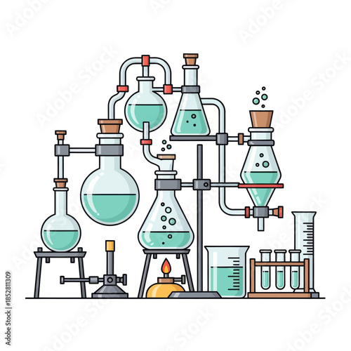 Intricate laboratory glassware setup illustrating chemical apparatus with interconnected tubes and