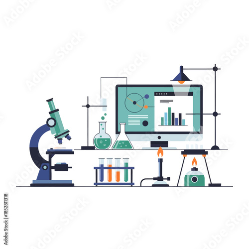 Modern laboratory workspace showcasing scientific equipment and digital analysis tools for