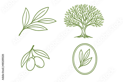 Olive tree and leaves icon set