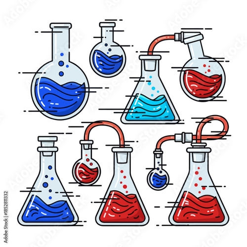 Colorful Laboratory Glassware with Dynamic Liquid Content and Connected Apparatus for Scientific