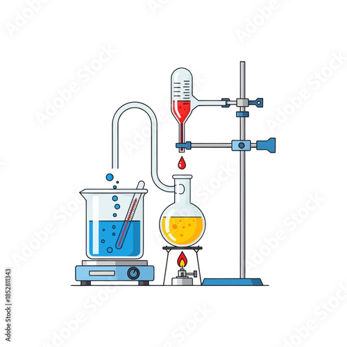 Simplified laboratory glassware setup illustrating distillation process with heating source and