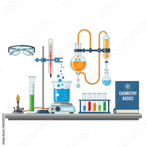 Comprehensive science laboratory setup illustrating essential laboratory equipment for chemistry