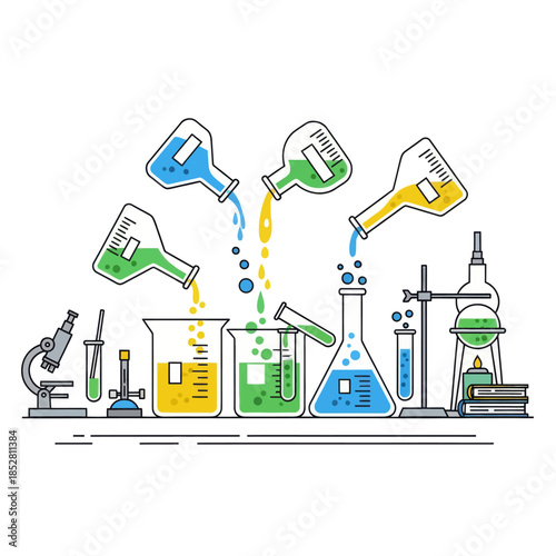 Colorful laboratory glassware with liquids and bubbling chemical experiment setup for scientific