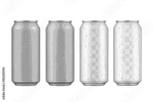 Four condensation covered beverage cans