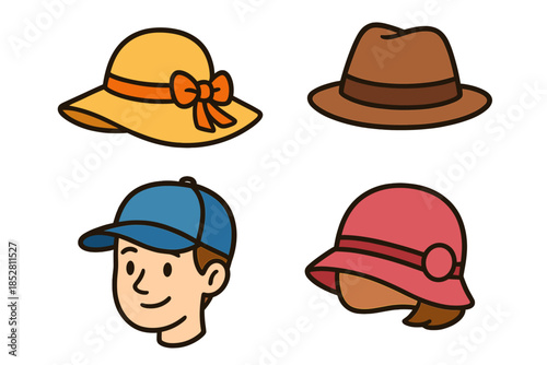 Collection of four cartoon hats and a boy's head