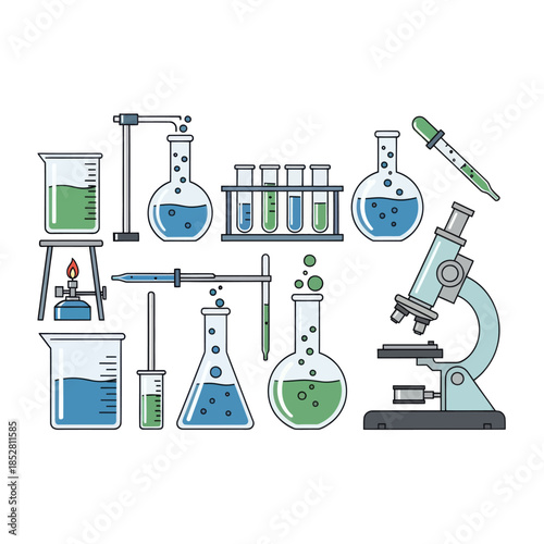 Collection of laboratory glassware and scientific instruments for experiments and research processes