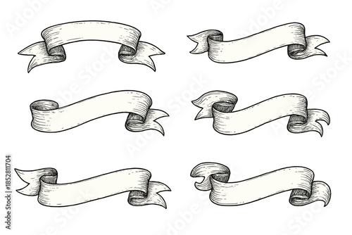 Set of six hand-drawn ribbons on a textured background