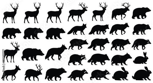 Collection of black animal silhouettes isolated on white background vector