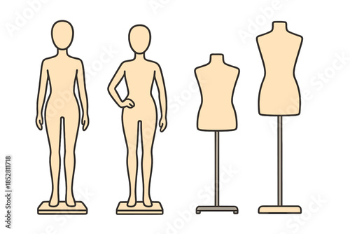 Collection of human-shaped dress forms and mannequins