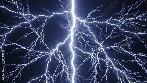 Intense bright blue and white lightning strikes crackle across a dark night sky in a powerful electrical storm