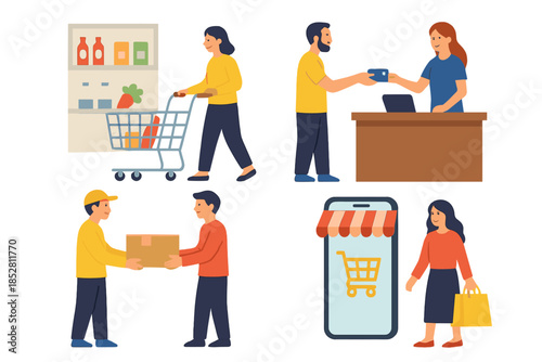 Shopping and delivery concept art with diverse characters