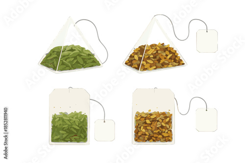 Two types of tea in pyramid and sachet tea bags