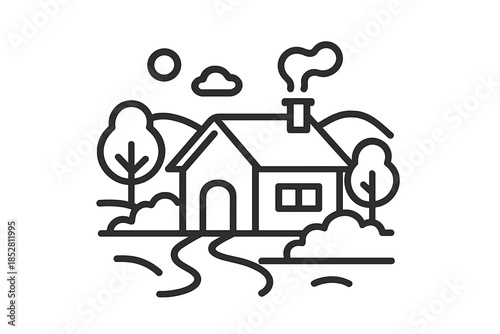 Minimalist house with smoke coming from chimney and surrounding nature line art