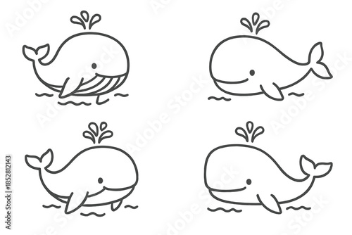 Four Cute Whales Spouting Water on a Gradient Background