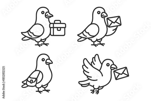 Four pigeon icons carrying messages or briefcases