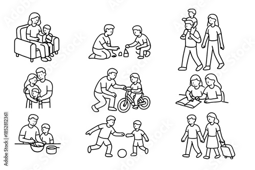 Family activities and moments depicted in a simple line art style