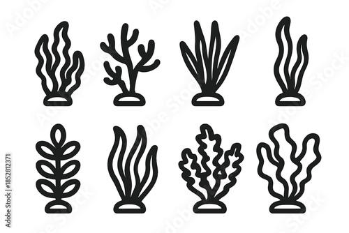 Set of eight dark outline icons of seaweed and coral
