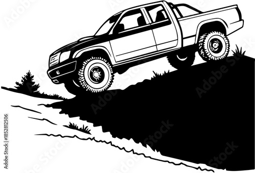 Pickup Truck Driving Uphill on Rugged Terrain