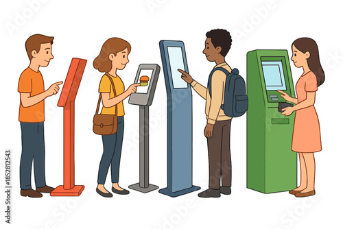 People ordering food at self-service kiosks