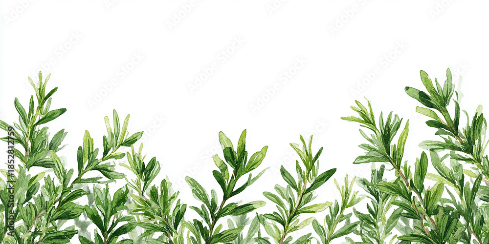 Fototapeta premium Hand-painted watercolor rosemary sprigs forming a delicate top border frame on white background, cozy winter Christmas herb illustration.