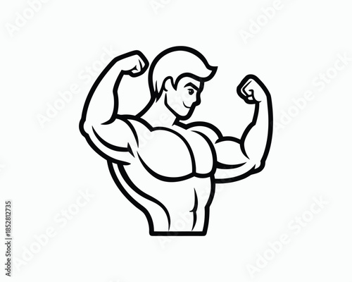 Black and white illustration of a muscular man flexing his biceps with a smile Keywords: man, muscular