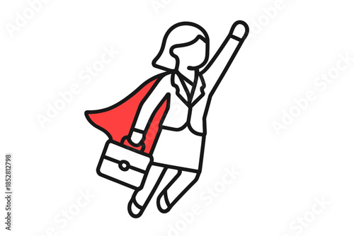 Superhero businesswoman flying with red cape and briefcase